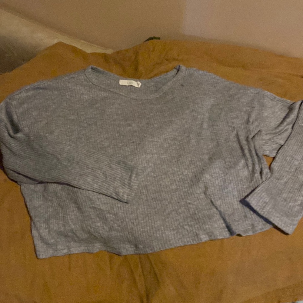 Long sleeve gray cropped ribbed tee. Size L. Small snag on left shoulder.